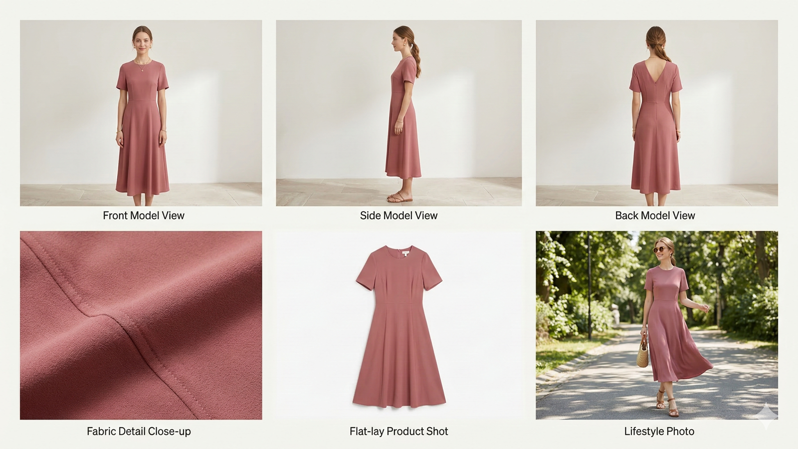 Multiple product image types: on-model angles, detail close-ups, flat lay, and lifestyle